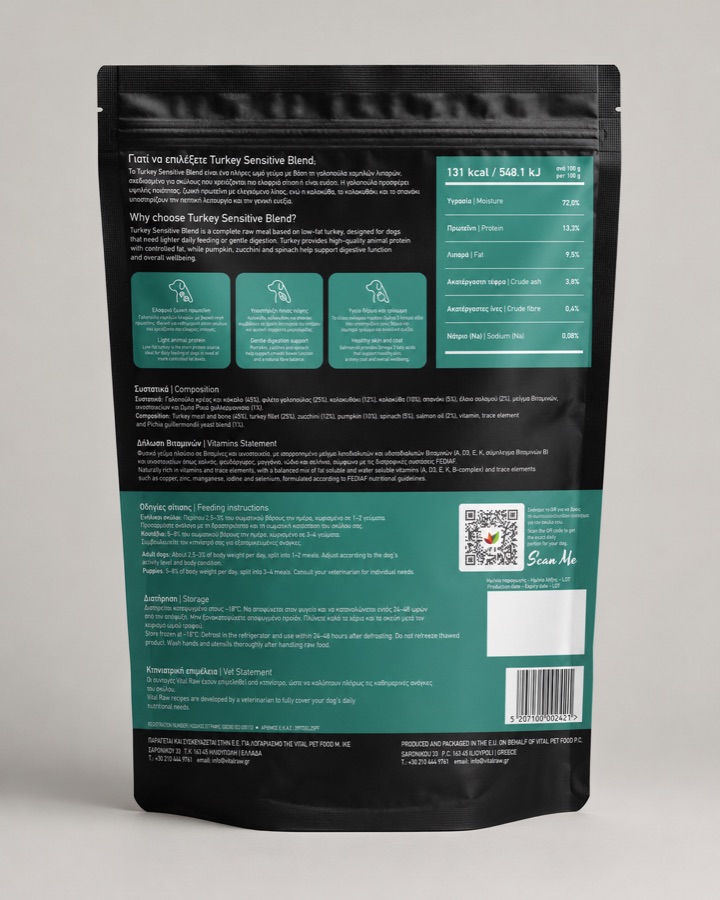 Turkey Sensitive Blend, πίσω όψη με τα διατροφικά στοιχεία